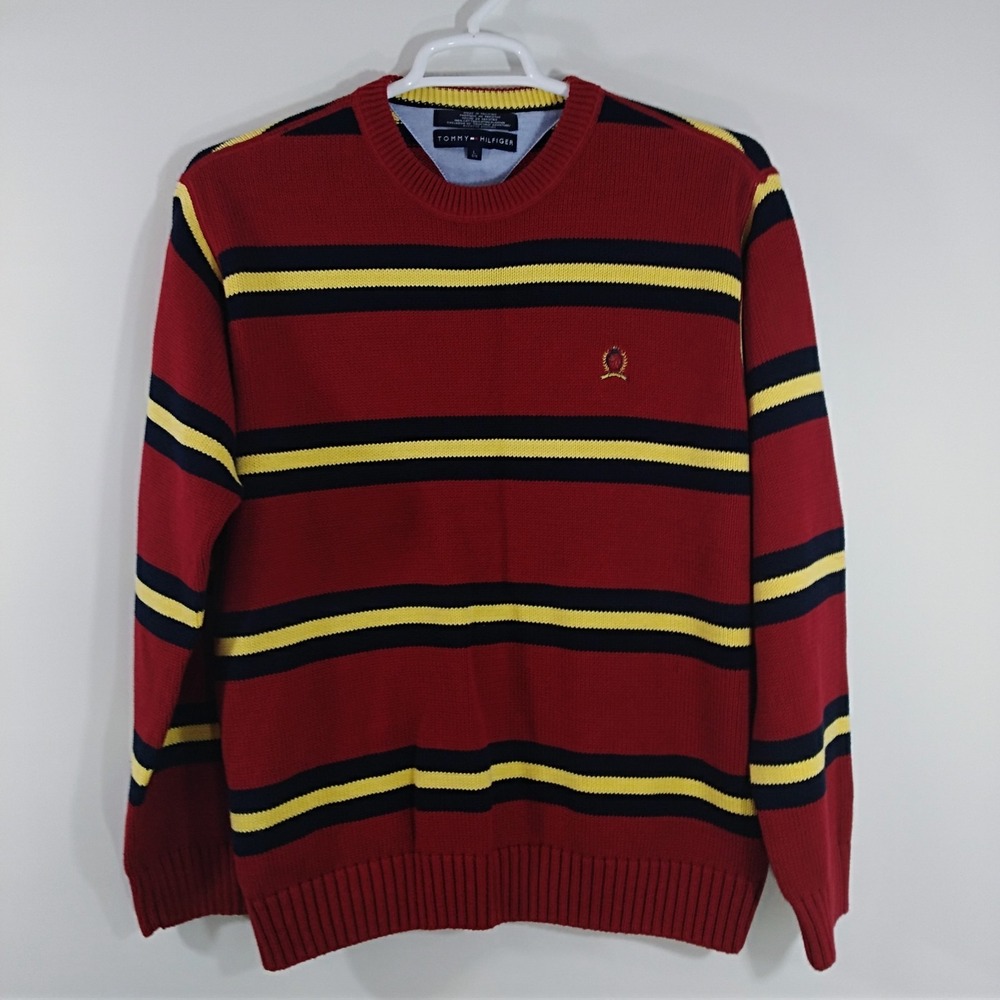 Tommy Hilfiger Crewneck Sweater Striped Red Blue Yellow Size L Large Vintage